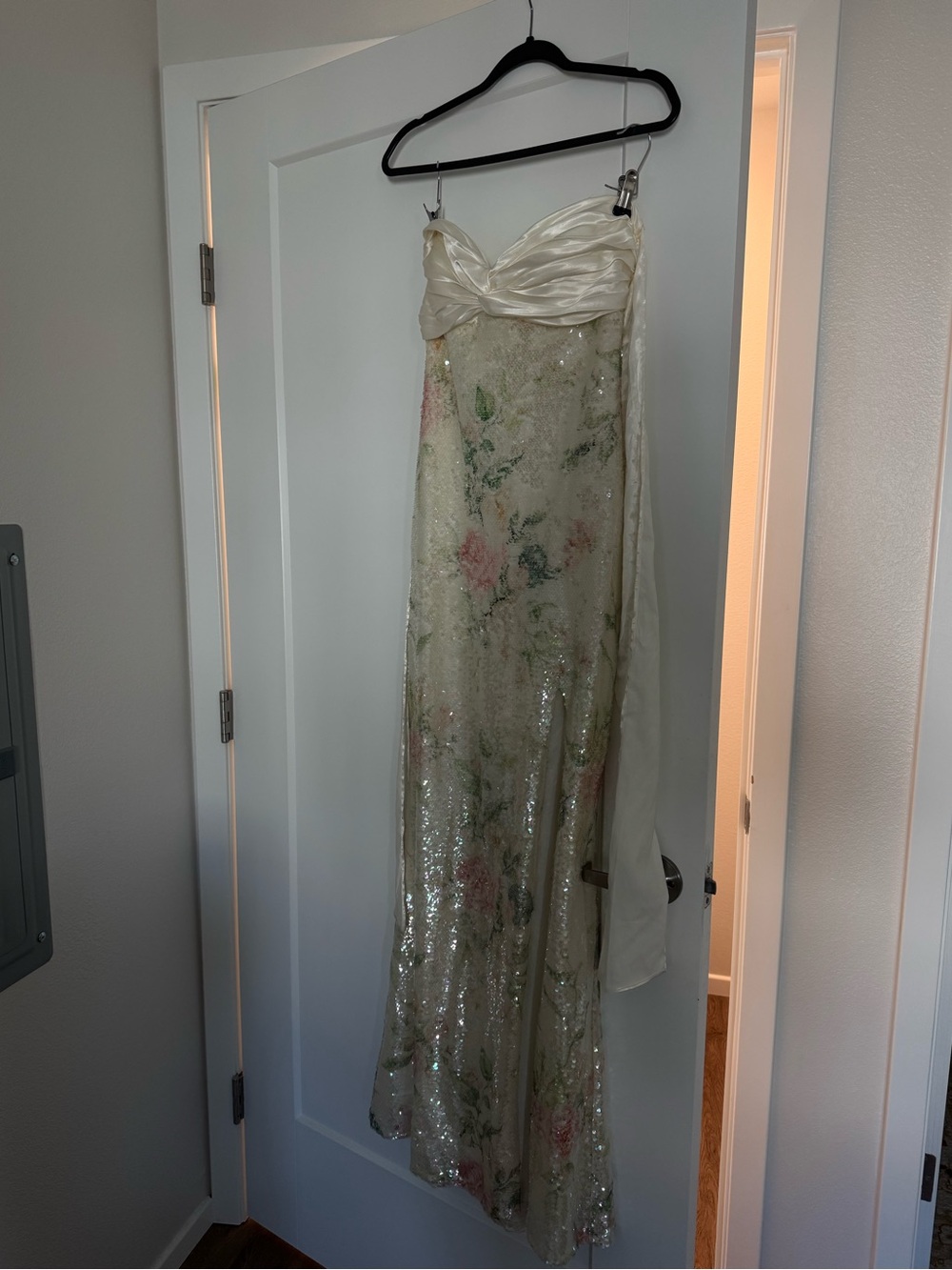 City Studio Ivory Sequin Maxi Skirt with Pink & Green Floral Accents